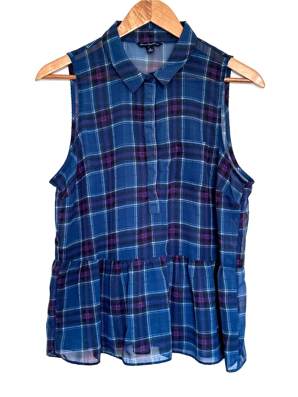 American Eagle Outfitters Shirt Women’s Large Plaid Sheer Collar Pocket Top